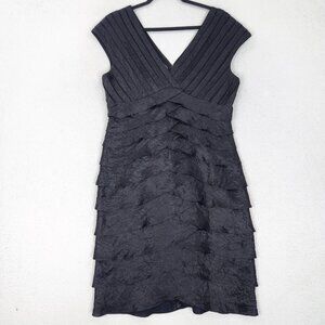 Adrianna Papell Dress Womens 12 Black Tiered Ruffle Sheath V Neck Cocktail